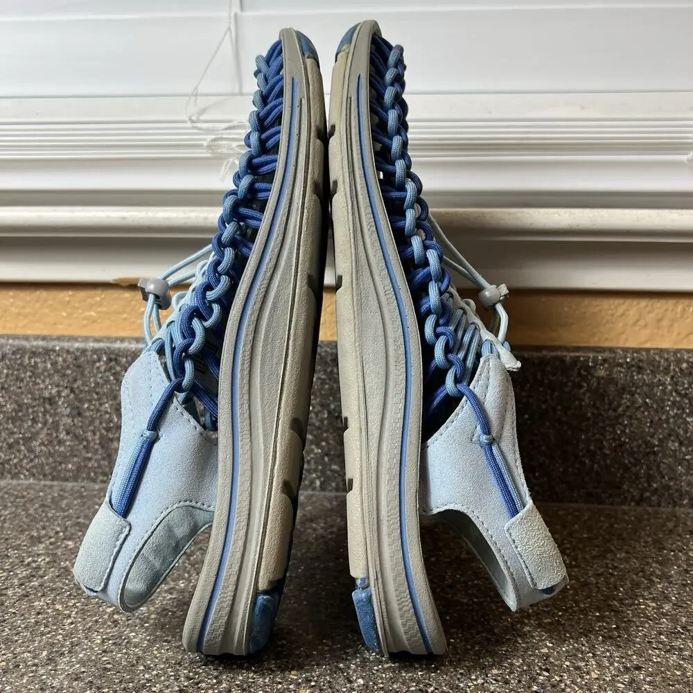 Keen Uneek Sandals Women's Sz 10.5 Blue Woven Bungee Lacing Hiking Trail Slip On